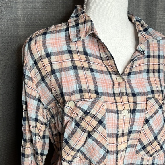 SANCTUARY SMALL BOYFRIEND SHIRT PLAID ORANGE AND BLUE - Picture 3 of 9